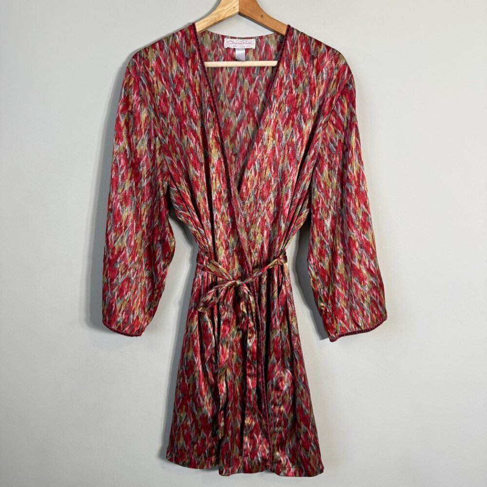 Vintage Oscar de la Renta Pink Label Printed Satin Robe Women's Large Red Belted - Picture 4 of 12